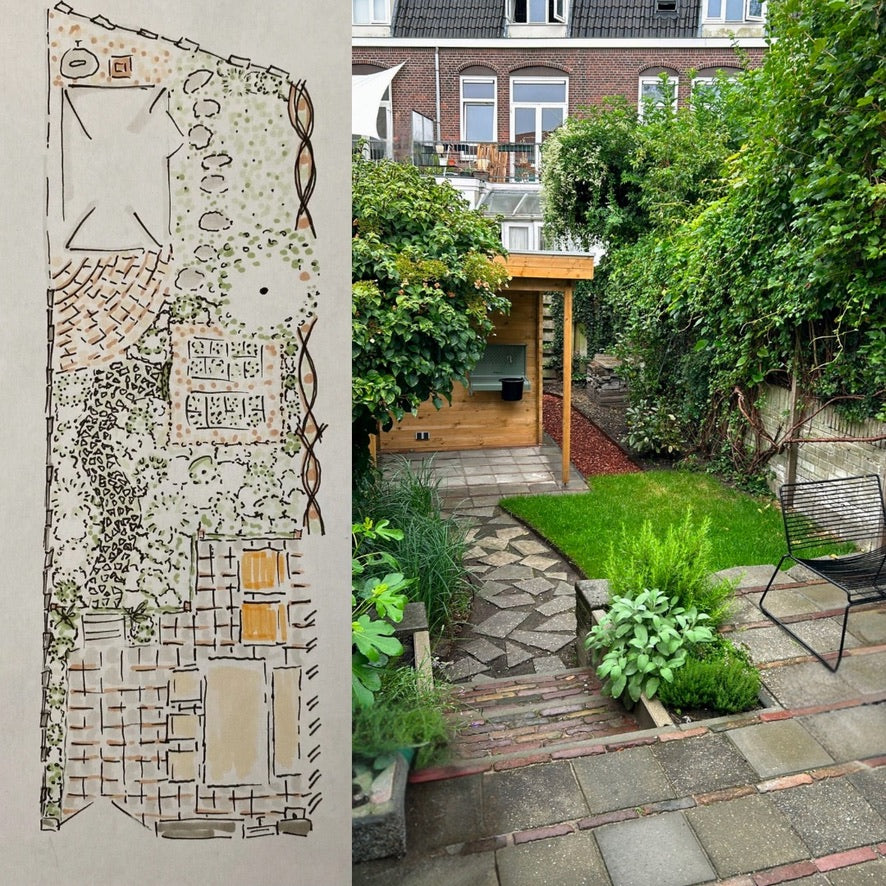 tuinontwerp in Utrecht en de gerealiseerde tuin.